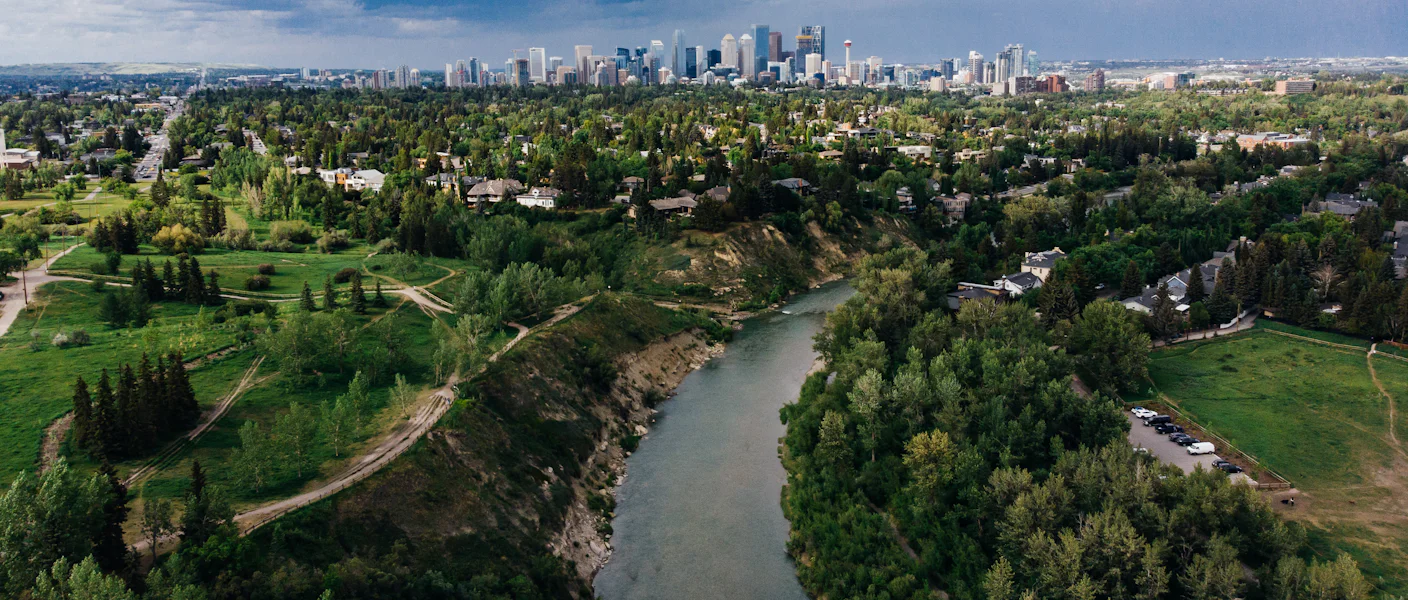 Aerial view of tree-lined Calgary streets with the downtown skyline in the distance