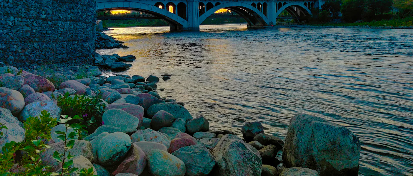 The Centre Street Bridge over the Bow River in Calgary at sunset